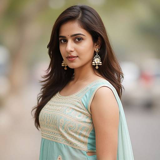 Photograph of an Indian woman with long dark hair, wearing a light blue, gold-embellished traditional dress, and ornate earrings, standing
