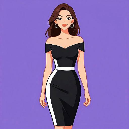 Digital drawing of a confident woman with long brown hair, wearing an off-shoulder black dress with white stripes, and hoop earrings, against a purple