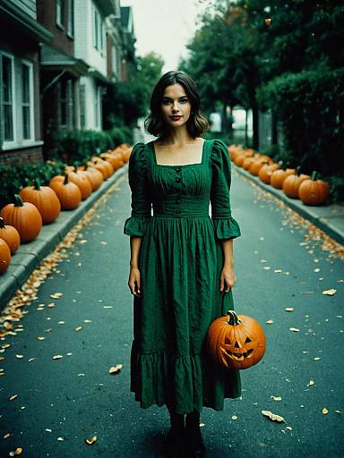 Dark Green Halloween Woman with Pumpkins