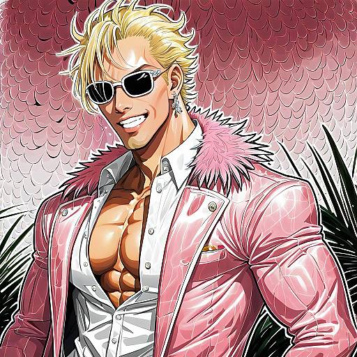 Illustration of Donquixote doflamingo, one piece in the style of Hiyama yuu (wee259hiyama)
