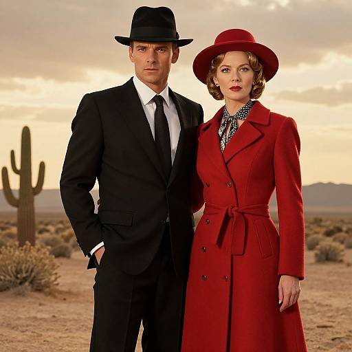 Photograph of a serious man in a black suit and hat, standing beside a woman in a red coat and hat, against a desert sunset with c