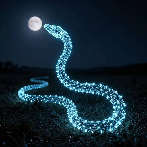 Photograph of a glowing blue neon snake winding through grass at night, illuminated by a full moon in a dark sky.