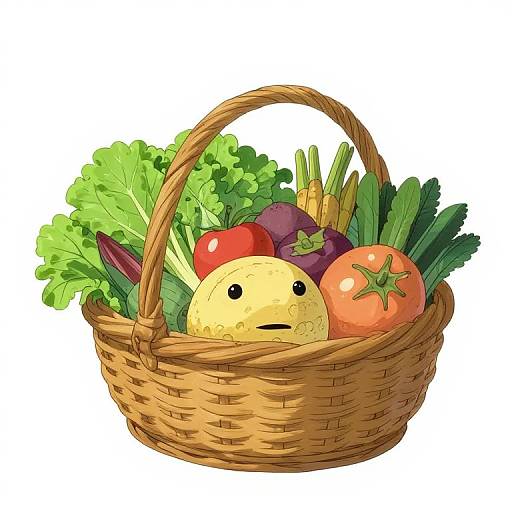 Colorful digital drawing of a wicker basket filled with fresh vegetables, including a yellow squash with a sad face, surrounded by leafy greens, tomatoes