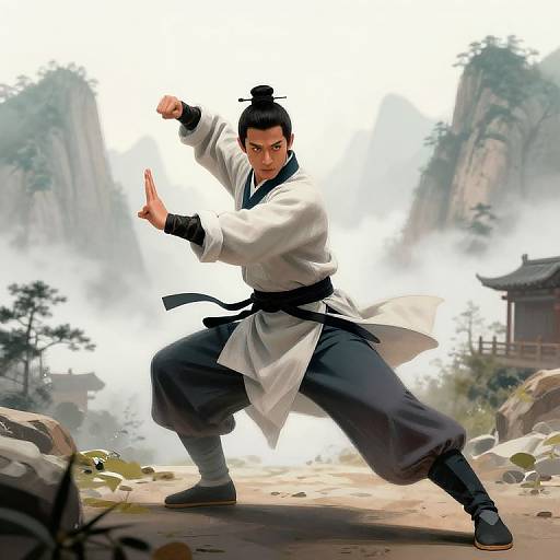 Digital illustration of a determined martial artist in a white gi and black belt, performing a high kick stance in a misty, mountainous forest setting with