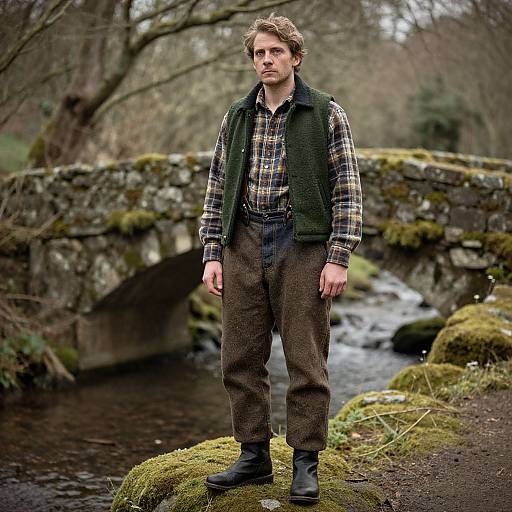 Rugged Man on Ancient Mossy Bridge