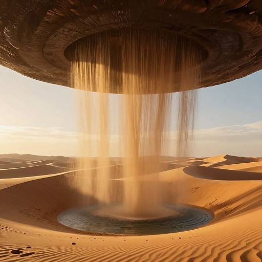 Photograph of a futuristic, circular structure pouring a golden waterfall onto a desert landscape with rippled sand and a circular water pool.