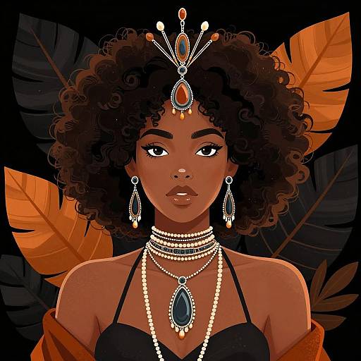 Digital illustration of a dark-skinned, curly-haired woman with a regal expression, adorned with jewelry, wearing a black top against a background of large