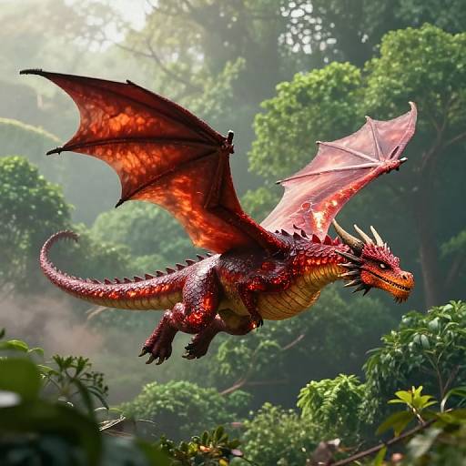 Photorealistic CGI of a vivid red dragon with large, translucent wings soaring through a lush, misty forest, sunlight filtering through dense greenery.
