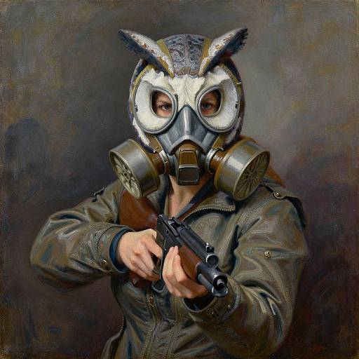 Digital painting of a person in a metallic owl mask and gas mask, holding a gun with both hands, wearing a brown leather jacket. Dark, textured