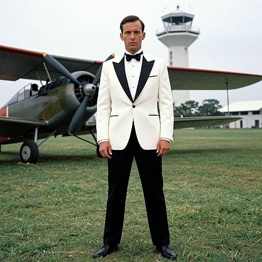 Photograph of a serious man in a white tuxedo with black lapels, standing on grass in front of a vintage airplane and control tower.