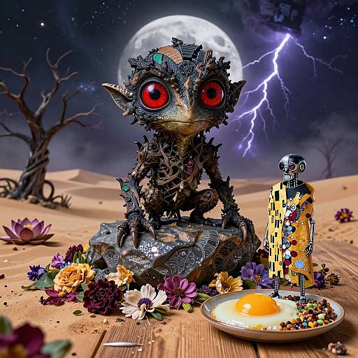 Steampunk goblin with large red eyes sits in desert under full moon, surrounded by flowers, plate with egg, and pixelated skull candle,