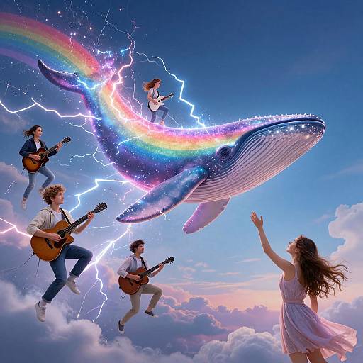 Digital artwork: Musicians playing guitars on clouds, surrounded by lightning, with a rainbow-covered, floating whale and a dancing woman in a dress. Bright