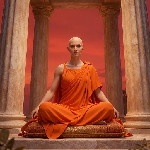 Photograph of a bald, fair-skinned woman with an orange robe, seated meditatively on a cushion between ancient columns, against a vibrant red