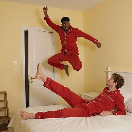 Two men in red pajamas playing in bedroom