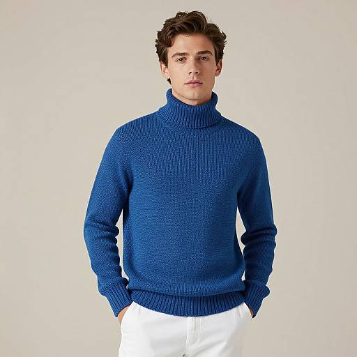 Photograph of a young Caucasian man with short, dark brown hair, wearing a blue knitted turtleneck sweater and white pants, standing against a