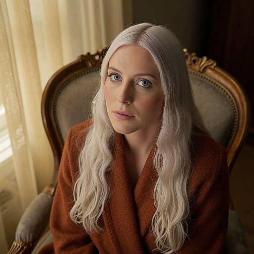 Photograph of a woman with long, white hair, blue eyes, and fair skin, wearing a brown, textured bathrobe, seated in an orn