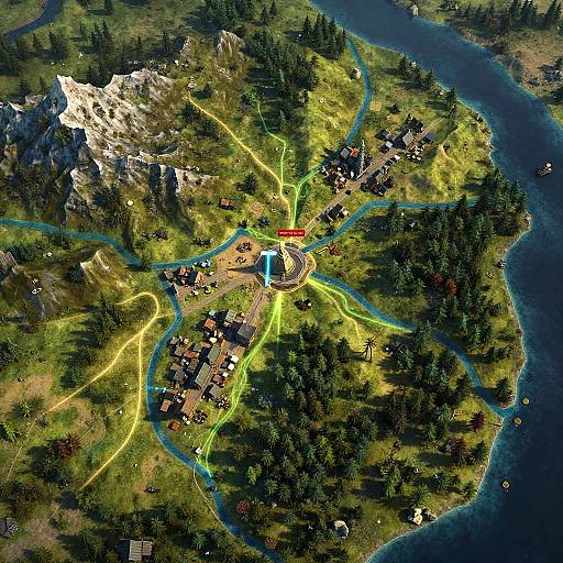 Aerial photograph of a mountainous village surrounded by a blue river, with yellow and green light trails and red highlighted center.