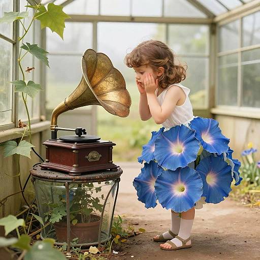 Photograph of a young girl with curly brown hair, wearing a white top and blue flower skirt, listening to a vintage gramophone in a sunlit