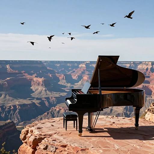 Photograph of a grand piano with open lid on a rocky cliff, overlooking Grand Canyon with flying birds in clear blue sky.