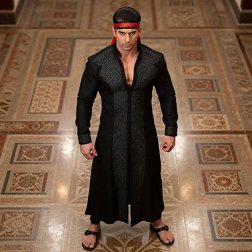 Photorealistic CGI of a muscular, handsome man with olive skin and intense gaze, wearing a long black patterned coat, red headband, and