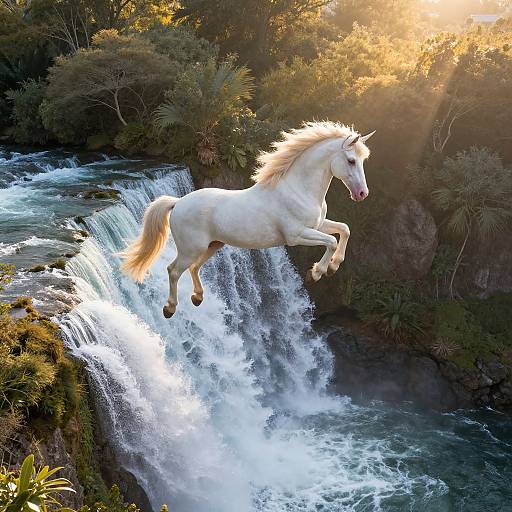 Photograph of a white, majestic unicorn with a flowing mane mid-leap over a cascading waterfall, surrounded by lush greenery and bathed in