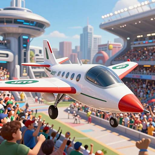 Photorealistic CGI of a white and red jet airplane flying over a bustling stadium with cheering crowds and modern architecture.