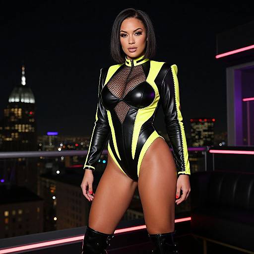 Photograph of a confident woman with dark skin and straight black bob, wearing a black and yellow latex bodysuit with mesh, standing in a city