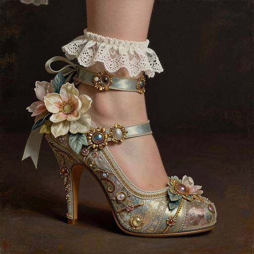Photograph of an ornate, vintage-style high heel shoe adorned with floral embellishments, lace ribbon, and gold accents, set against a dark background