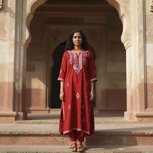 Photograph of an African woman with curly black hair, wearing a red traditional dress with white embroidery, standing in a sunlit, arched stone courtyard
