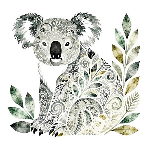 Detailed digital illustration of a koala with intricate black and white patterns, surrounded by green and yellow watercolor leaves.