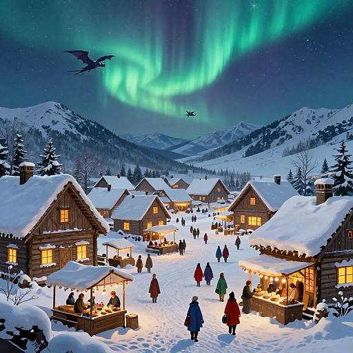 Photograph of a snowy village at night with aurora borealis, wooden houses with lit windows, people in colorful winter clothes, market stalls, and