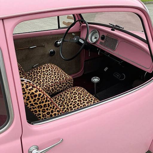 Photograph of a pink vintage car's interior with leopard-print seats, black steering wheel, and classic dashboard, viewed through a window.