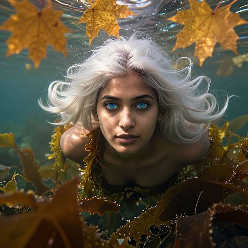 Photorealistic digital art of a silver-haired woman with intense blue eyes, submerged underwater surrounded by yellow and brown autumn leaves.