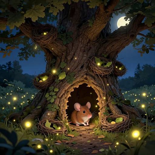 Mouse's Secret Hideout Under Oak Tree at Twilight