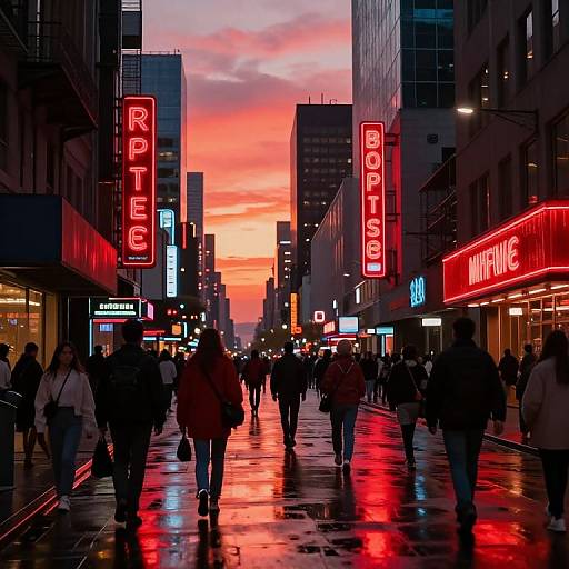 Photograph of a bustling urban street at sunset, with neon 