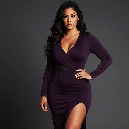 Photograph of a confident woman with long black hair, wearing a form-fitting, deep V-neck black dress with a high slit, standing against a