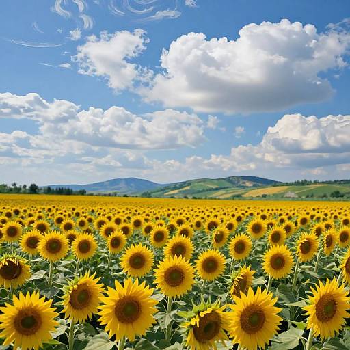 Vibrant photograph of a vast sunflower field under a bright blue sky with fluffy white clouds, green hills in the background.