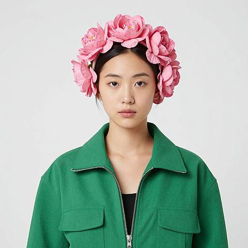Photograph of an Asian woman with fair skin, wearing a green zip-up jacket and a pink flower crown, against a white background.