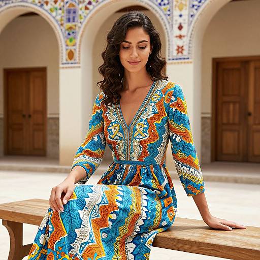 Photograph of a dark-haired woman with medium skin tone, wearing a vibrant blue, orange, and white patterned dress, sitting on a wooden bench