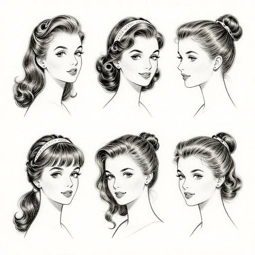 Black-and-white digital line art of six vintage-style women with various hairstyles, including buns and curls, showcasing different facial expressions.