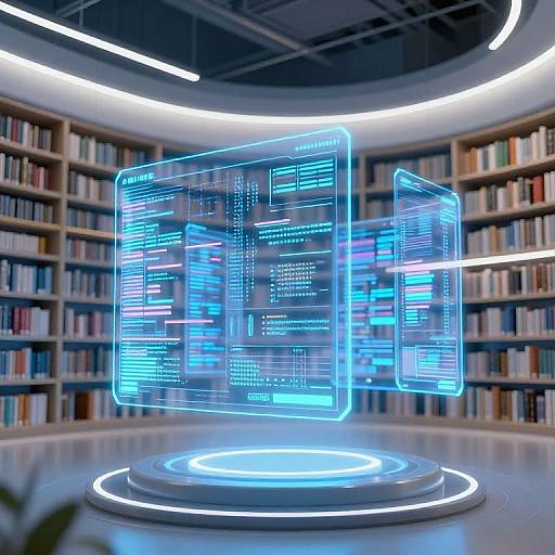 Digital blue holographic interface floats above a glowing circular platform in a modern, well-lit library with curved shelves and books.