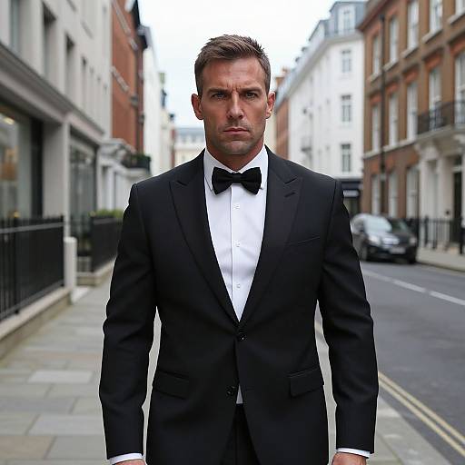 Photograph of a serious, attractive, white male with short brown hair in a black tuxedo and bow tie, standing on a narrow, urban