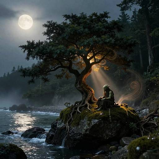 Goblin Shaman Under Moonlit Yew Tree