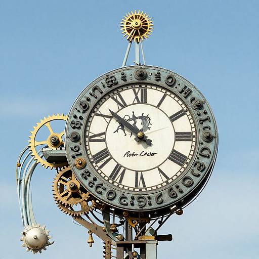 Steampunk-style clock with intricate gears, black Roman numerals, and 