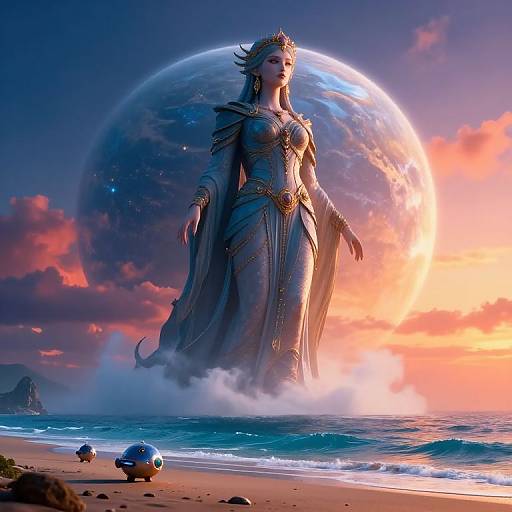 Digital artwork of a colossal, regal woman in a flowing, golden-embellished gown, standing on a beach with a glowing, ethereal