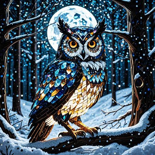 Gemstone Mosaic Owl in Snowy Forest