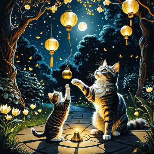 Cats Playing with Levitating Bell in Moonlit Garden Cats Playing with Levitating Bell in Moonlit Garden