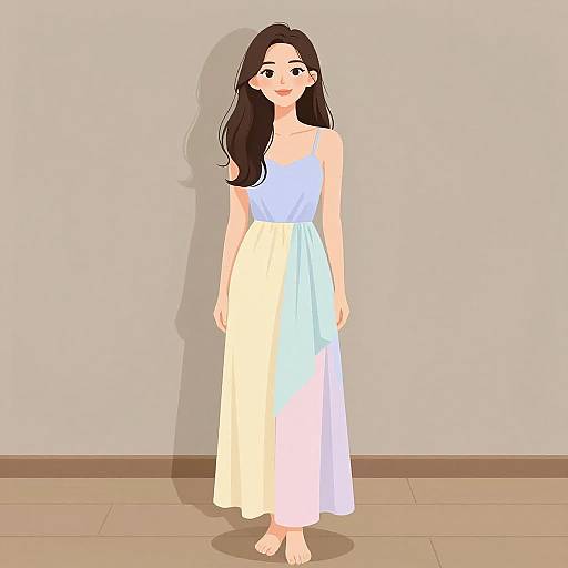 Digital illustration of a smiling woman with long brown hair, wearing a sleeveless blue top and a gradient white-to-yellow skirt, standing barefoot on a