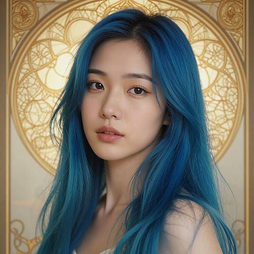 Photograph of an East Asian woman with long, vibrant blue hair, fair skin, and subtle makeup, set against a golden, ornate circular background
