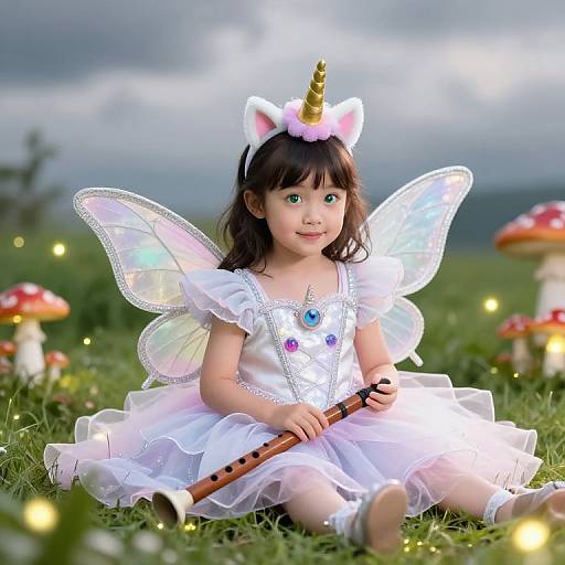 Photograph of a young girl with a unicorn horn headband, white fairy dress, iridescent wings, and holding a flute, seated on grass